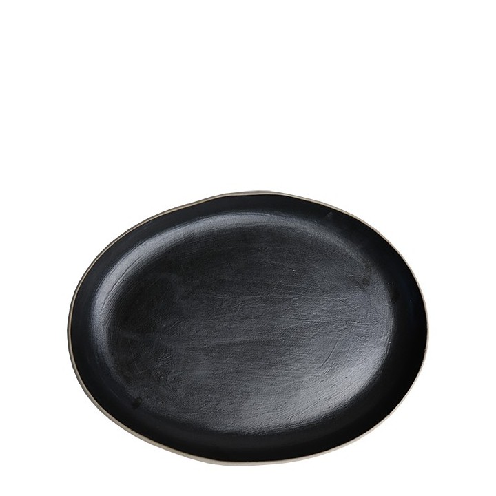 Flat oval black gres plate with natural edge 21 x 28 cm