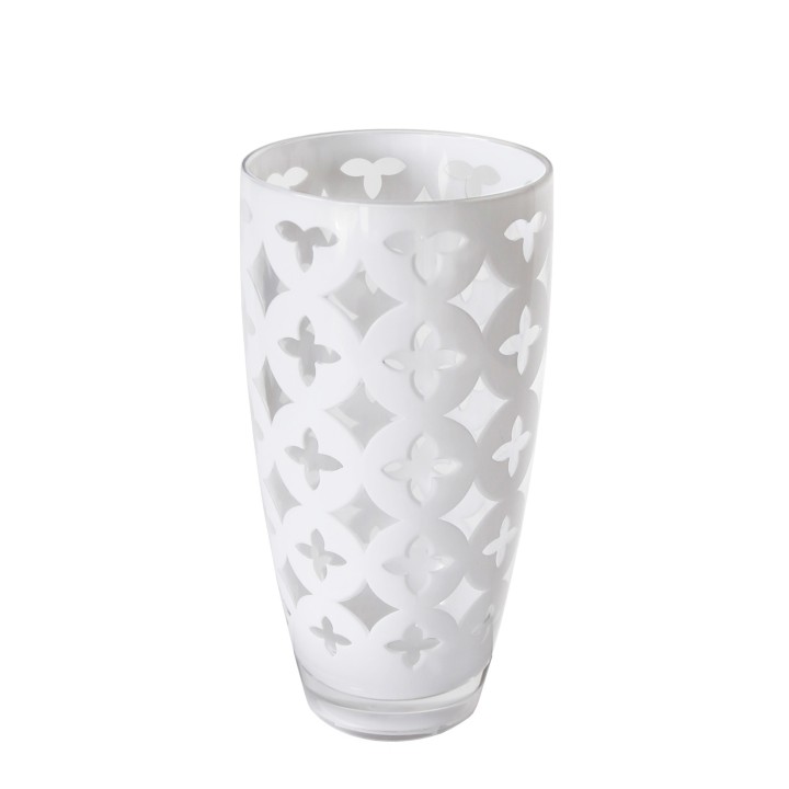 Tall methacrylate glass with white decoration