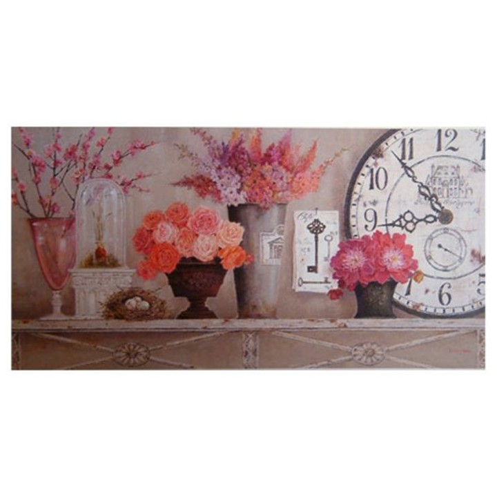 Quadro orologio, vasi e bouquets rosa 50x100cm