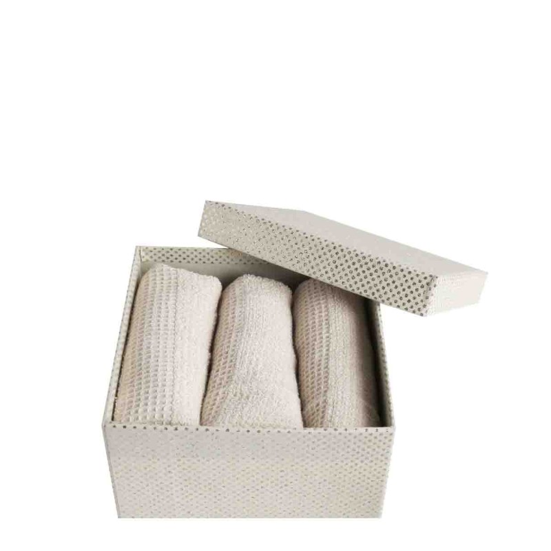 Golden pois box + 3 natural color towels 35x35 cm