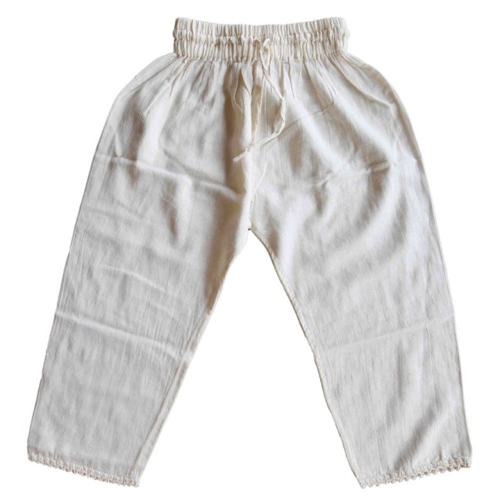 Pantaloni 100% cotone 4 anni bordo uncinetto panna 58 cm
