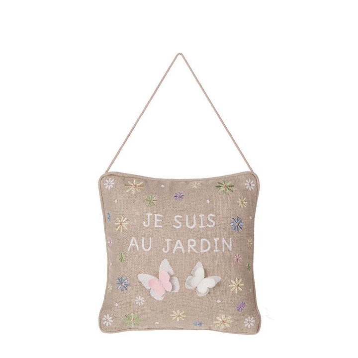 Throw embroidered pillow "je suis au..." (i am at the garden) 20 x 20 cm