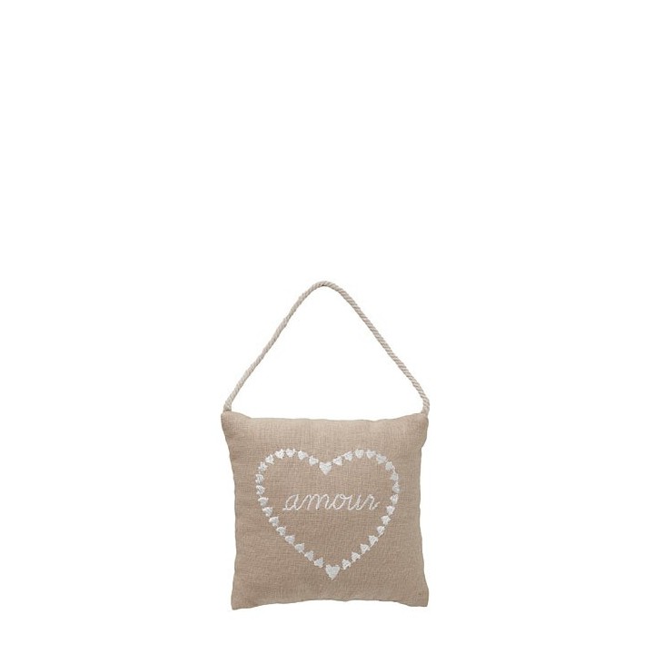 "amour" (trad: love) and heart throw pillow 10 x 10 cm