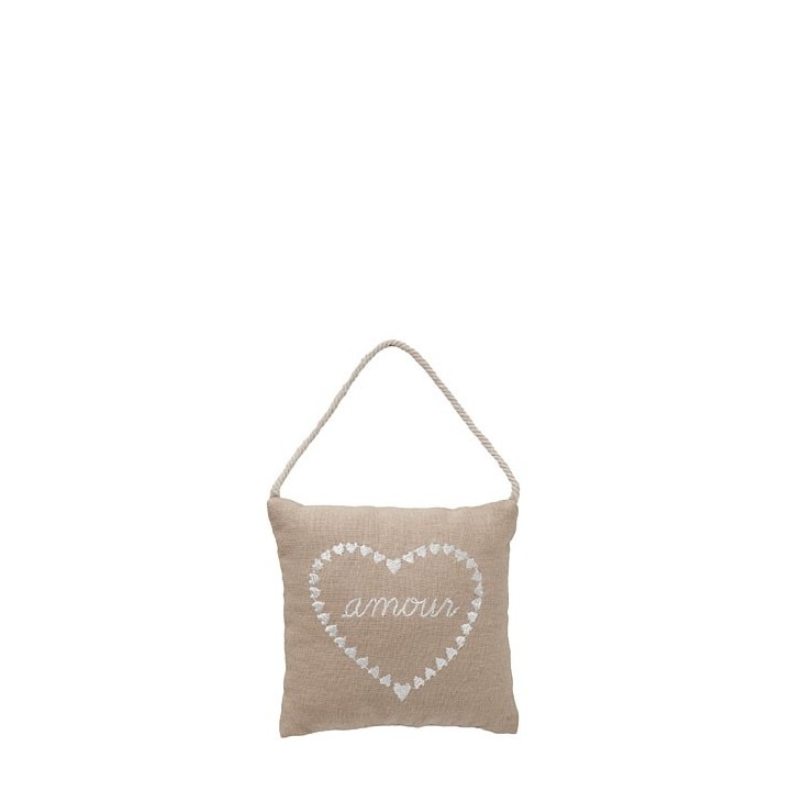 Embroidered throw pillow written "amour" and heart talco scent 10 x 10 cm