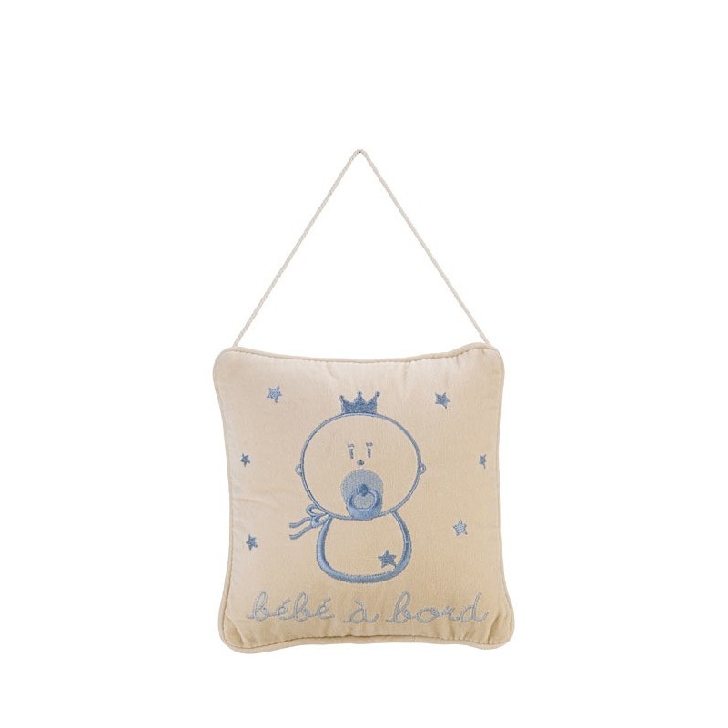 Cuscino ricamato azzurro "bebe a bord" 20 x 20 cm