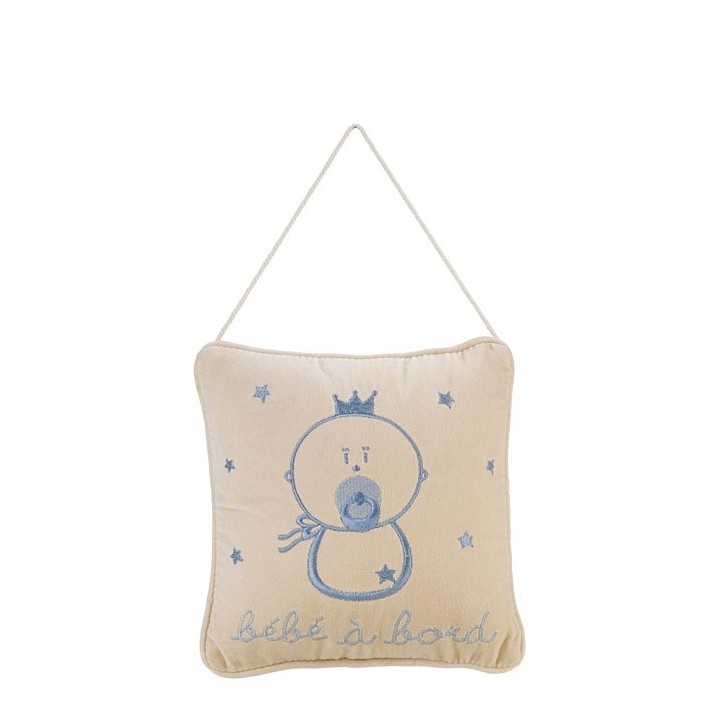 Coussin broide "bebe a bordo" (bebe a bord) bleu 20 x 20 cm