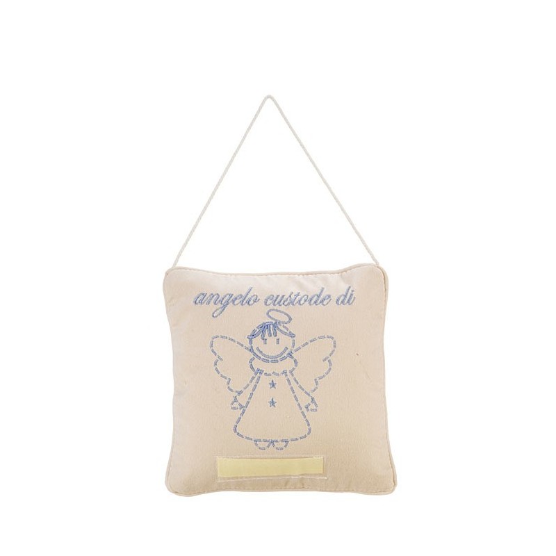 Cuscino ricamato azzurro "angelo custode di" 20 x 20 cm