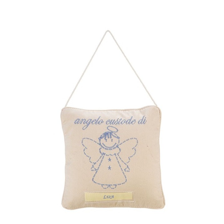 Cuscino ricamato azzurro "angelo custode di" 20 x 20 cm