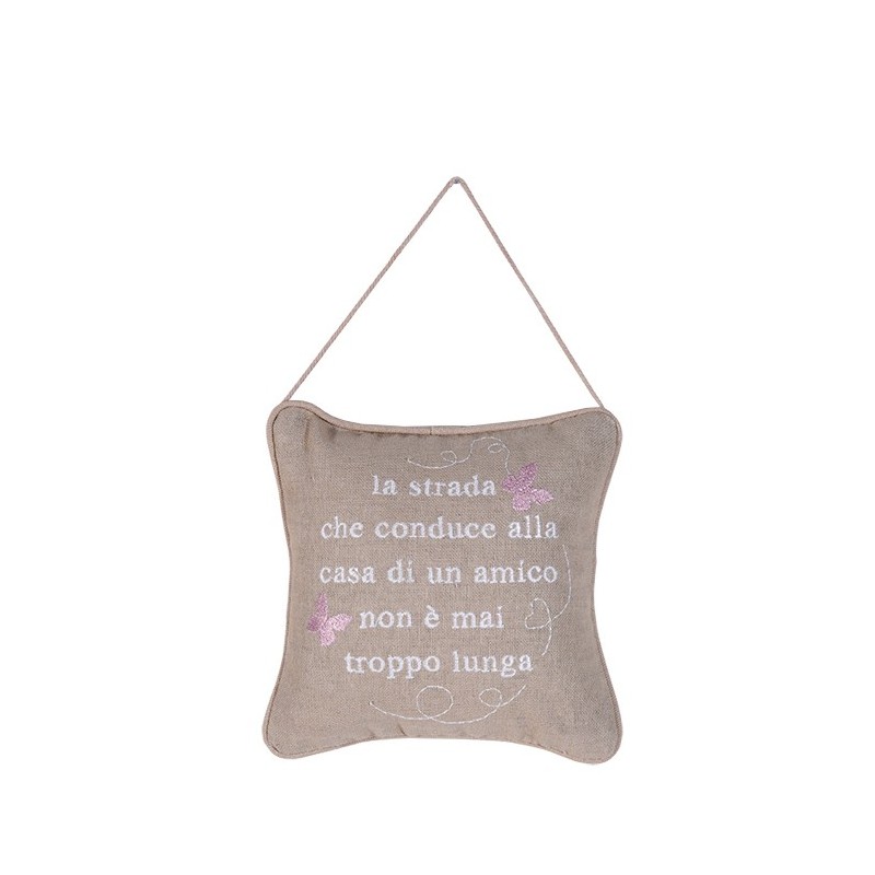 Coussin broide "la strada che..." (la route qui conduit...) 20 x 20 cm