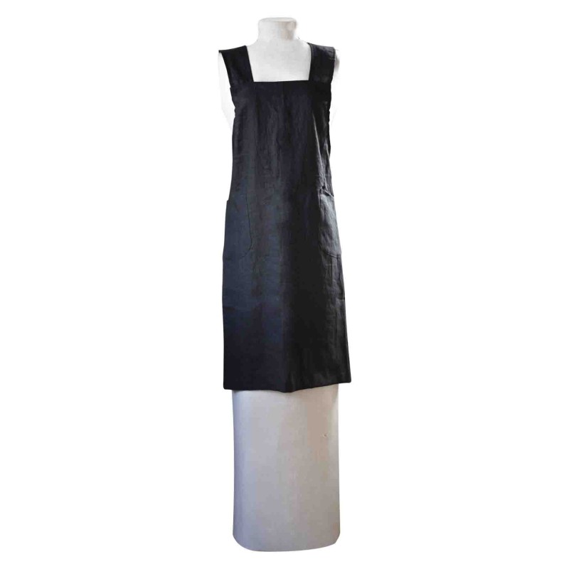 100% linen apron with pockets and crossed straps, black colour