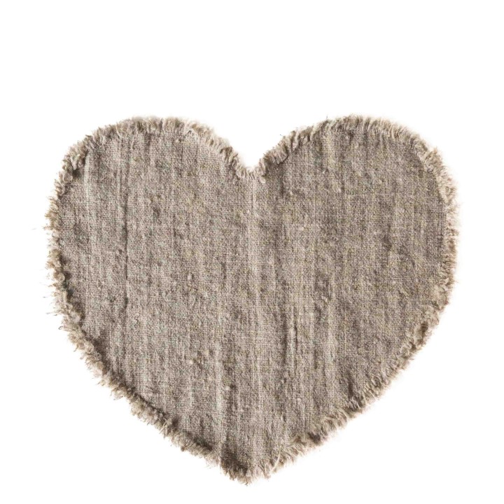 Heart shaped natural 100% soft raw linen underplate with fringes h35 cm