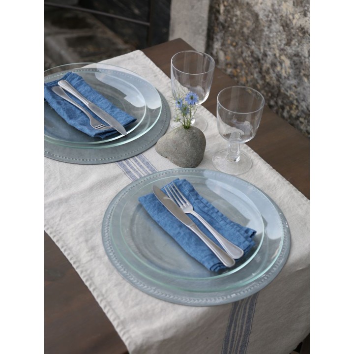 Chemin de table 100% lin naturel avec rayures bleu 42 x 120 cm