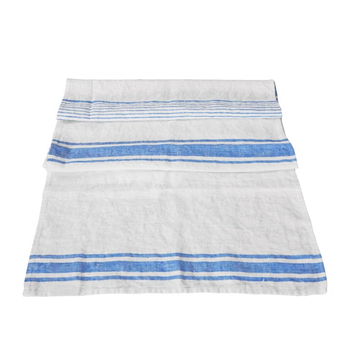 100% white/blue linen runner 45 x 140 cm