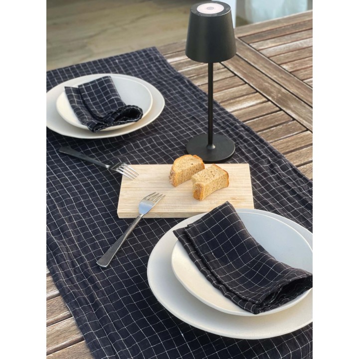 100% black and white gingham linen runner