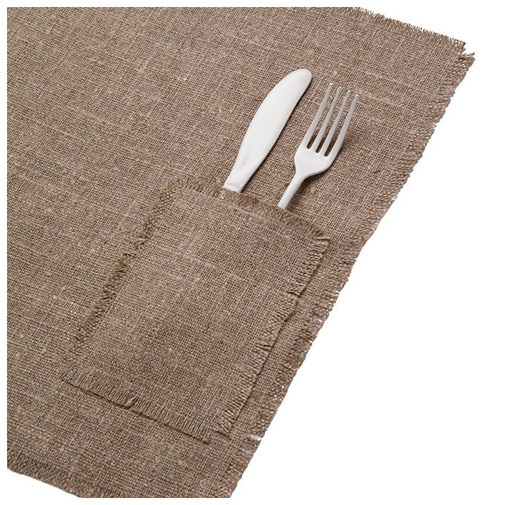 Tovaglietta 100% lino grezzo frange tasca natur 35 x 48 cm