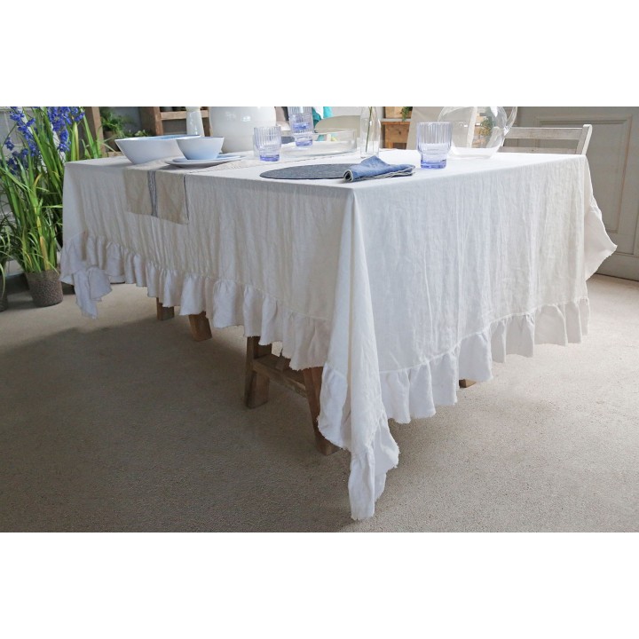 Nappe en lin blanc 100% avec volant 156 x 284 cm
