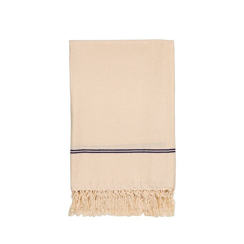 Serviette fine 100% coton à rayure et franges bleues, mesurant 110*160 cm.