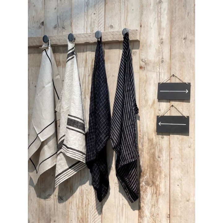 Torchon 100% lin noir a rayures blanches 50 x 70 cm