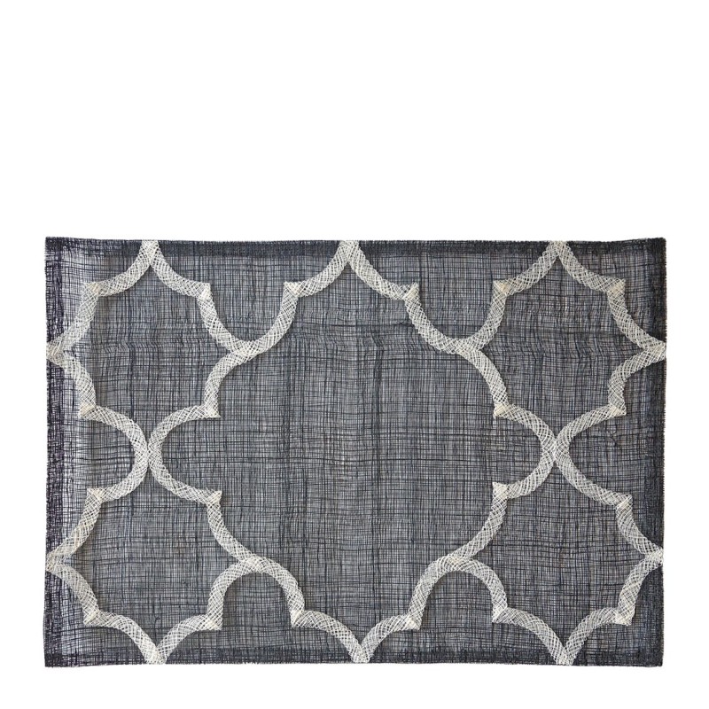 Black abaca placemat with white decoration 33 x 48 cm