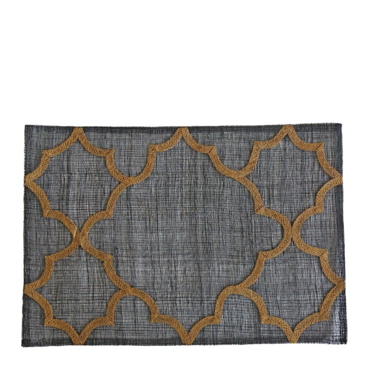 Black abaca placemat with gold decoration 33 x 48 cm