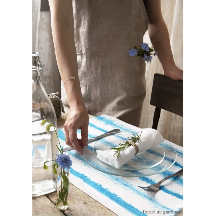 Handmade paper placemat with blue/white stripes 31.5 x 47 cm