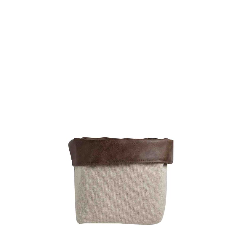 Sachet double face cotton/faux cuir marron 13x13 h13 cm