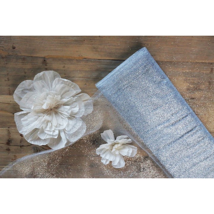 Rotolo tulle colore bianco luccicante argento 9m x 140 cm