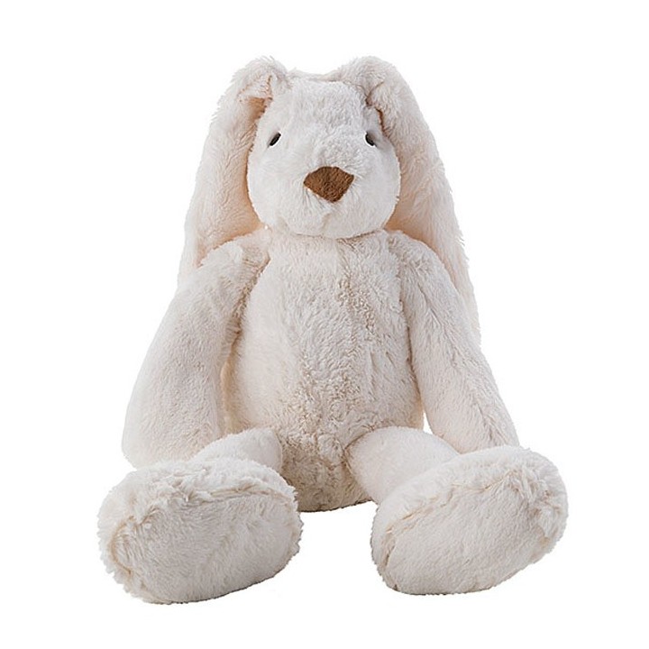 Lapin souple en pelouche blanc avec oreilles longues. un cadeau à embrasser pour votre enfant! lavable à 30°.