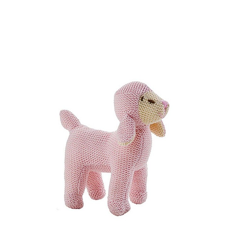 Pecora rosa in maglia fatta a mano con sonaglio h16 cm