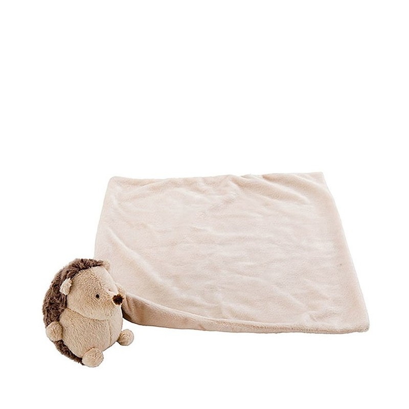 Herisson pelouche avec sa couverture couleur crème. idée cadeau parfaite pour un enfant. lavable dans la machine à laver à 30°.