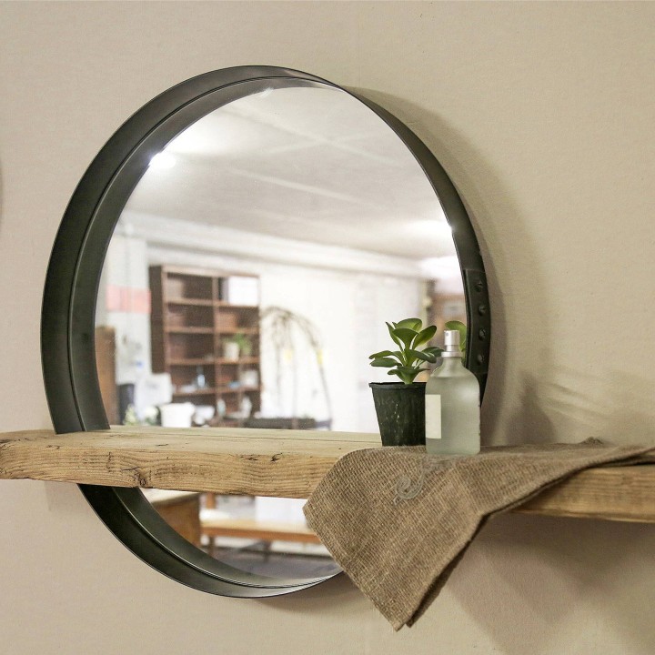 Steel mirror with raw wood shelf d61 cm