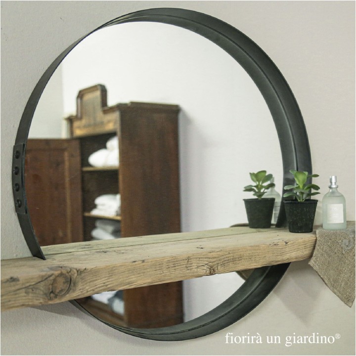 Steel mirror with raw wood shelf d61 cm