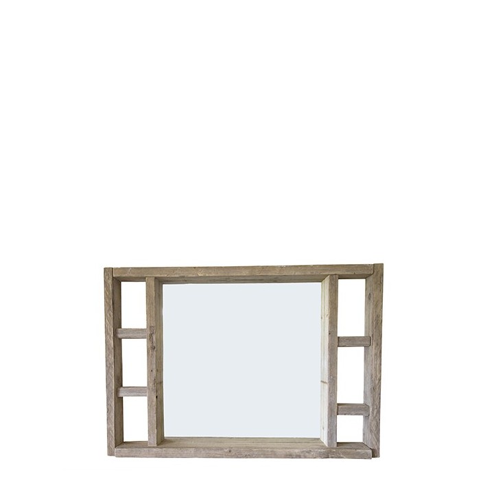 Miroir en bois brut couleur naturel avec etageres laterales 130 x 90 cm