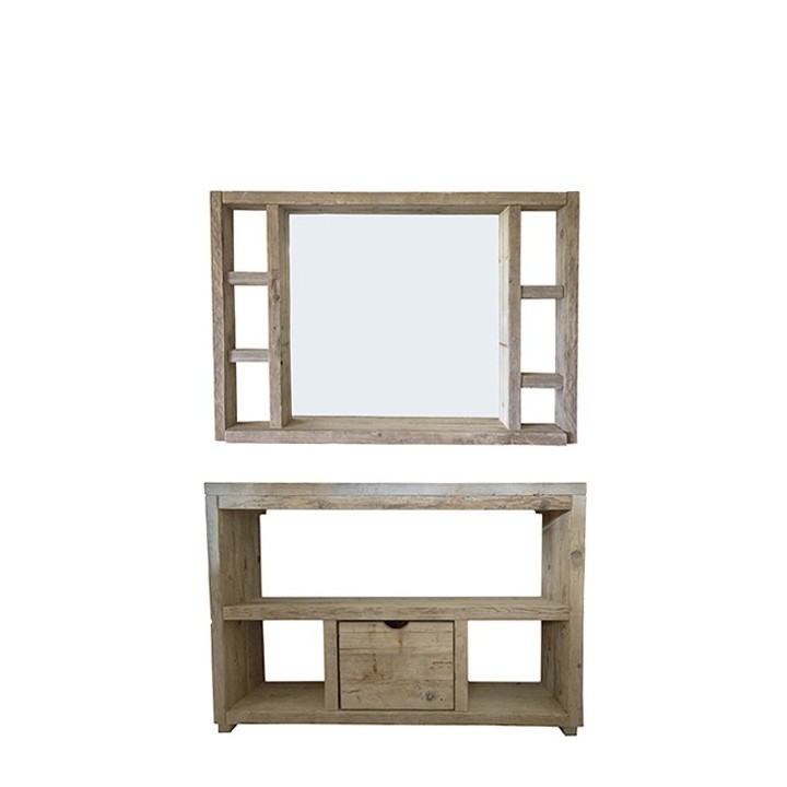 Miroir en bois brut couleur naturel avec etageres laterales 130 x 90 cm