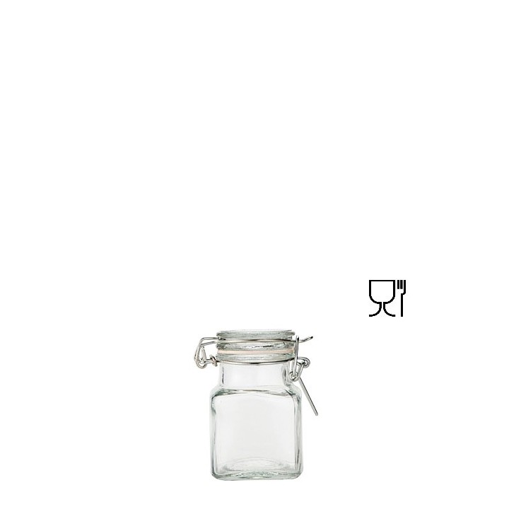 Barattolo quadrato mini in vetro con clip  v55ml 4 x 4 h8 cm