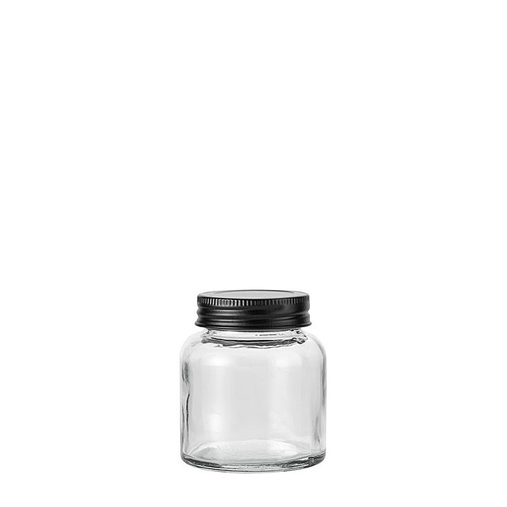 Boite en verre avec bouchon noir en fer-blanc 200 ml d7.6 h8.7 cm