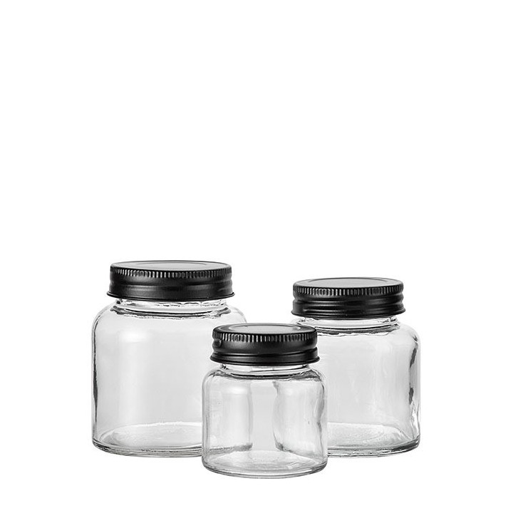 Boite en verre avec bouchon noir en fer-blanc 200 ml d7.6 h8.7 cm