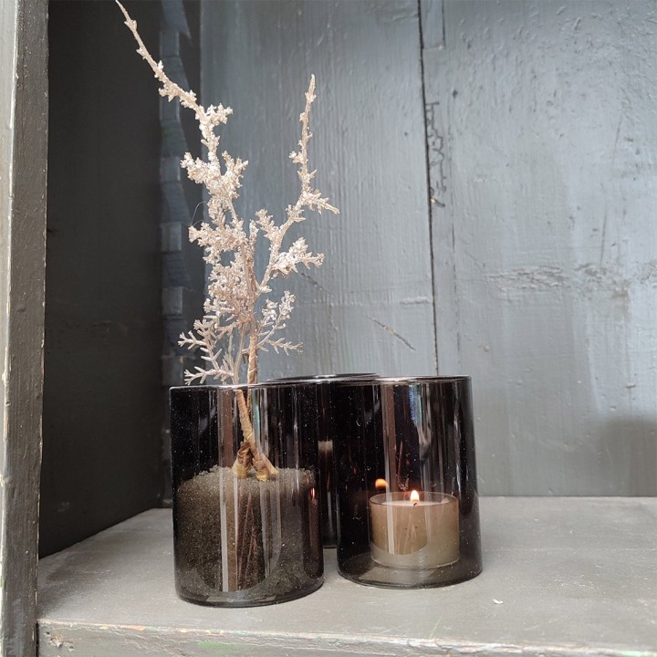 Petit verre en verre gris borosilicate porte tealight d6 h8 cm