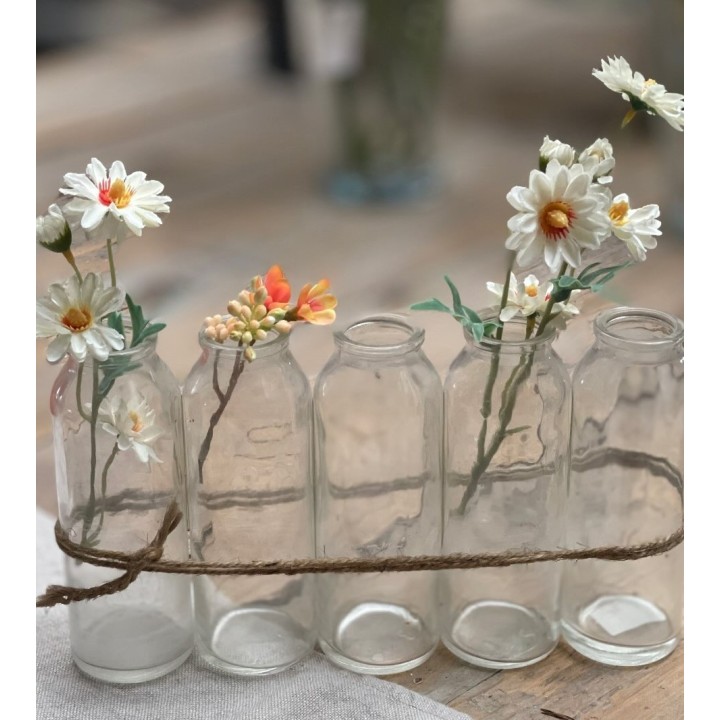 Set 5 bouteilles en verre et cordon d5 h15.5 cm