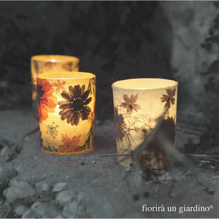 Bicchiere vetro porta tealight giallo con fiori 5.5 x 6.5 cm