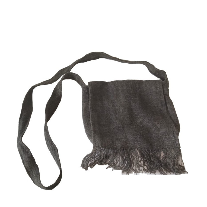 Sac de paule chanvre avec franges gris fonce 20 x 27 cm