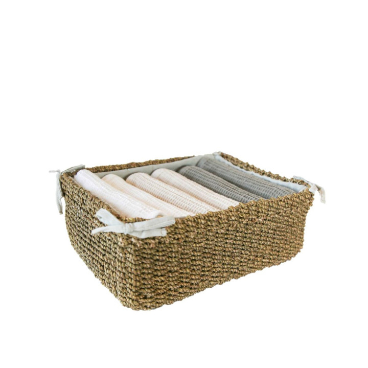 Panier en abaca lin (20x25cm) avec 6 essuie-mains melanges (35x35cm)