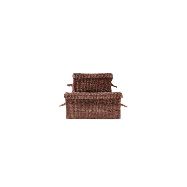 Set 2 grands paniers en abaca couleur marron avec couvercle et poignees 69 x 40 h30 cm