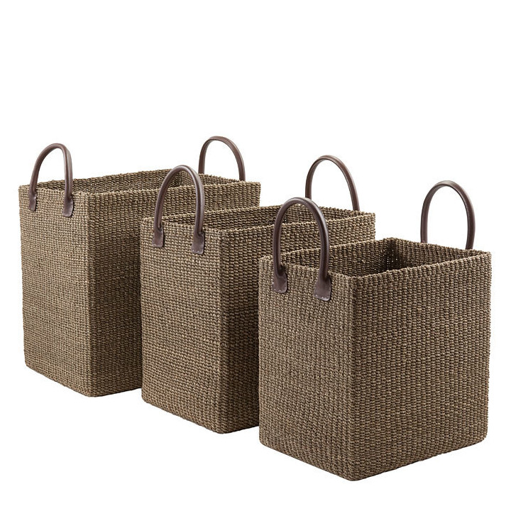 Set de 3 paniers en abaca couleur lin avec poignees en cuir 42 x 32 h39 cm