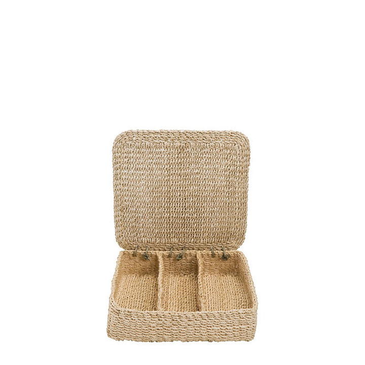 Abaca box 3 compartments one side tied 26x26 h 7 cm