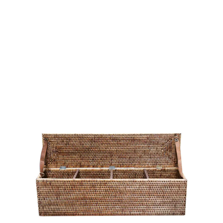 Boite vintage en oisier avec 4 compartements et couvercle 60x15 h16 cm