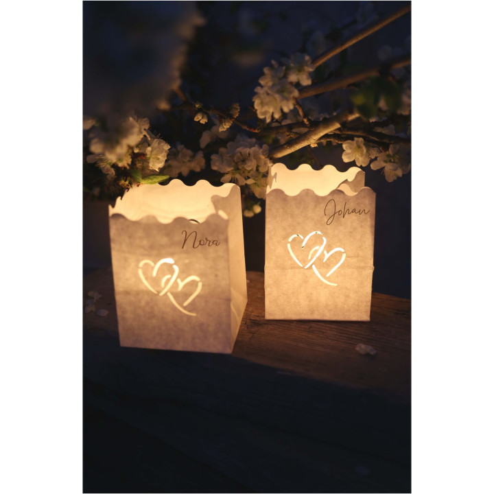 Pack of 10 fireproof paper lantern with hearts 7.5 x 7.5 h10 cm