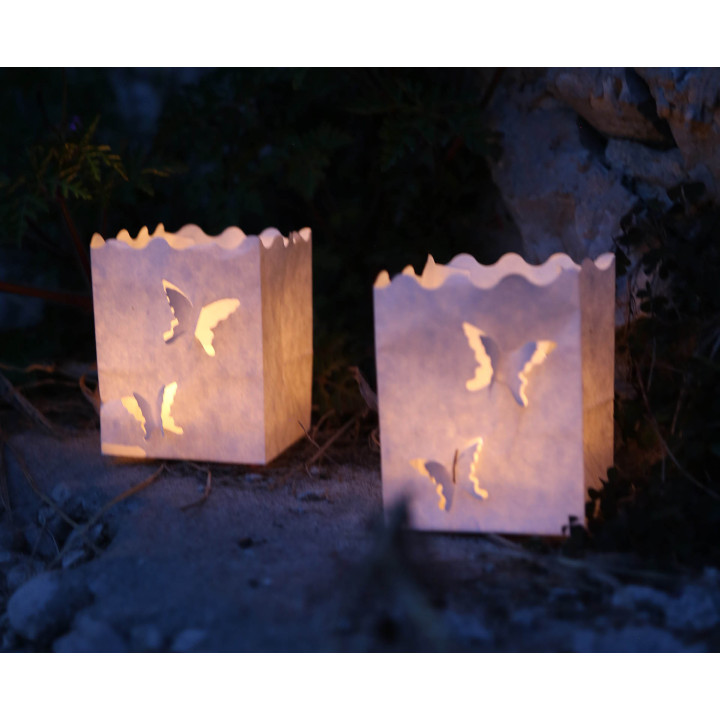 Pack of 10 fireproof paper lantern with butterflies 7.5 x 7.5 h10 cm