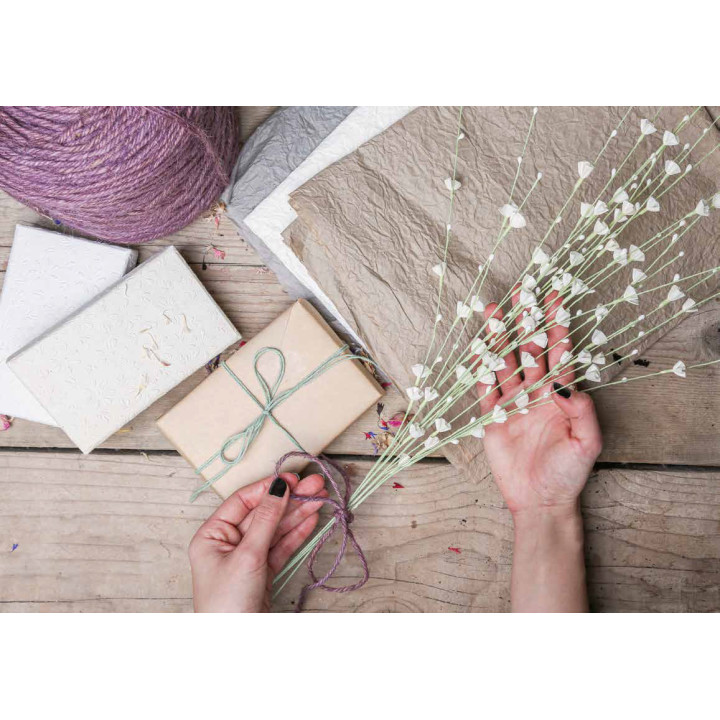 Handmade paper green branch with white blossoms h80 cm