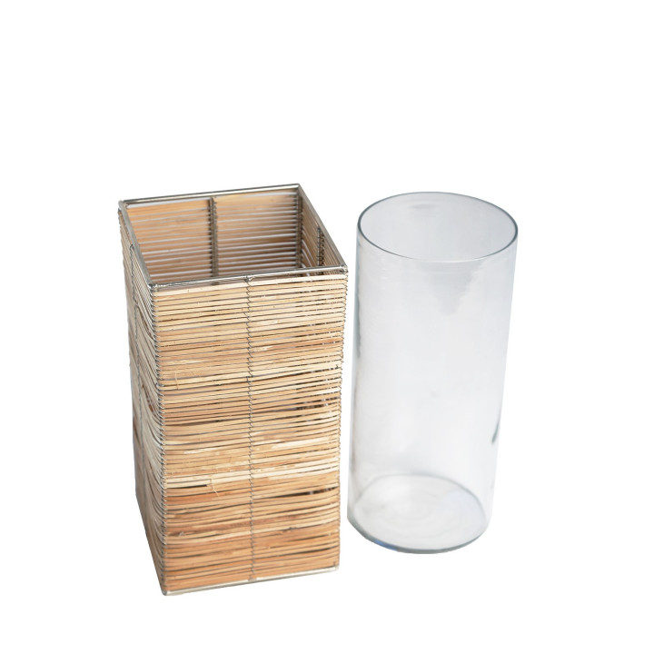 Bamboo wood parallelepipedon with glass vase 10 x 10 h20 cm